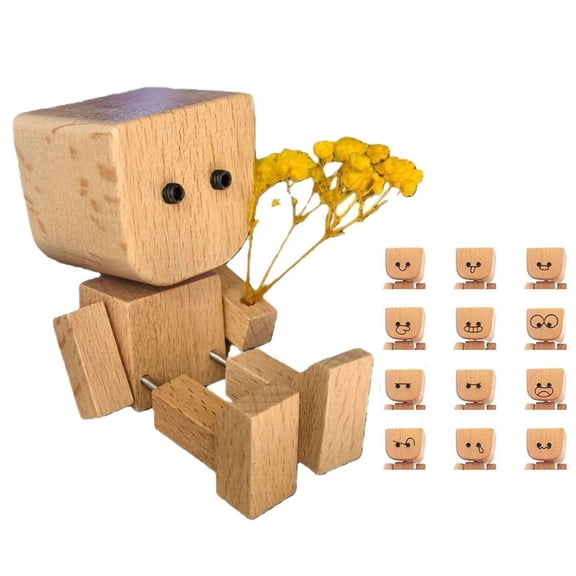 Shaking Feet Wooden Doll with 12pcs Magnetic Expressions,Shaking Wooden Man Figurine for Car Dashboard,Funny Cars Ornaments with Spring Legs,Wood Desktop Decor (A)