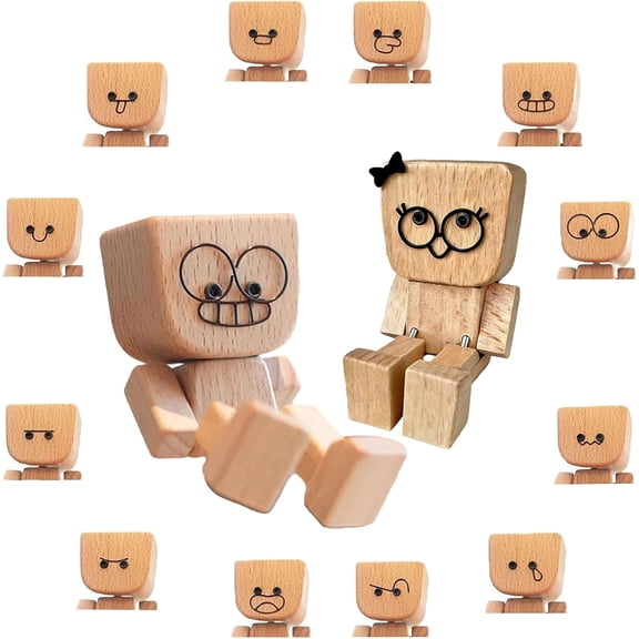 Shaking Feet Wooden Doll with 12pcs Magnetic Expressions,Shaking Wooden Man Figurine for Car Dashboard,Funny Cars Ornaments with Spring Legs,Wood Desktop Decor