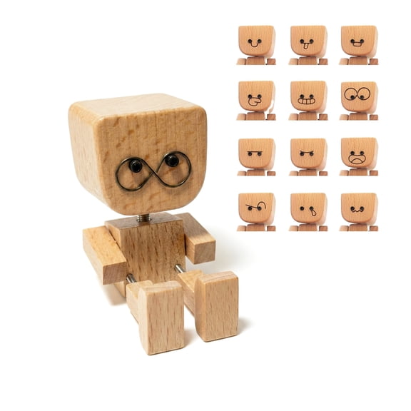Shaking Feet Wooden Figurine with 12PCS Magnetic Expressions Cute Wooden Desk Decor Toy, Funny Magnetic Face Wooden Doll for Office Desk, Car Dashboard and Home Decoration