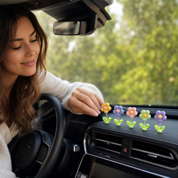 Shaking Head Flower, Car Dashboard Ornament, Cute Car Decor, Set of 10 Plastic Wobbly Flower Potted Plant, 2.17x1.02x0.39 Inch, Interior Car Accessory for Center Console Seat Dashboard