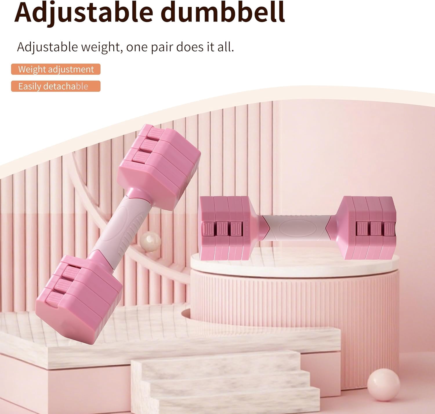Shaking Weight Adjustable Dumbbell Set 22-66 lbs, Vibration Enhanced Home Gym Equipment for Full Body Workout, Space Saving Fitness Dumbbells with Dial System for Men & Women, Pink