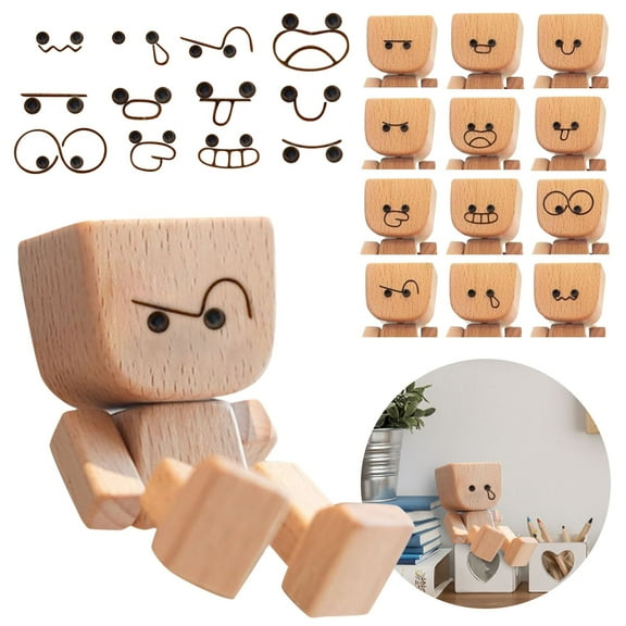 Wooden Man Figurine, 12pcs Expressions, 2025 New Funny Wood Car Desktop Decoration, Handmade Feet Wooden Doll, Portable Handmade Car Ornament Desktop Decor