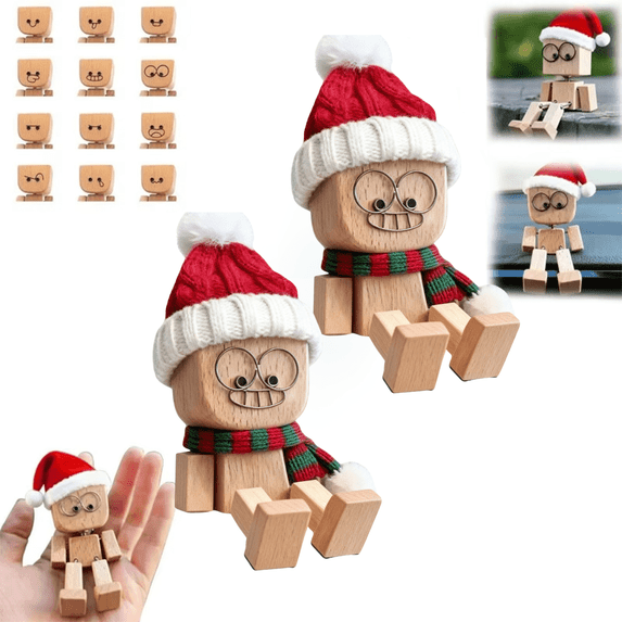 Shaking Wooden Man Figurine with 12pcs Magnetic Expressions,Handmade Shaking Feet Wooden Doll,Car Dashboard Desktop Decor Christmas Decor Home&Qffice Decor (with Knit Beanie Hat + Scarf, 2 Set)