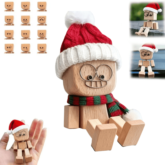Shaking Wooden Man Figurine with 12pcs Magnetic Expressions,Handmade Shaking Feet Wooden Doll,Car Dashboard Desktop Decor Christmas Decor Home&Qffice Decor (with Knit Beanie Hat + Scarf, 1 Set)