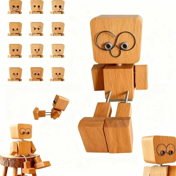 Shaking Wooden Man Figurine - Battery-Free Physics-Driven Rocking Decor with Magnetic Expressions, Handcrafted Natural Wood for Car Dashboard, Office Desk, Home Shelf