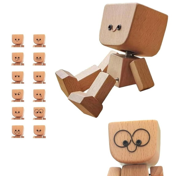 FYHALE Shaking Wooden Man Figurine for Car Dashboard Decorations, Handmade Little Wooden Figure That Sways, 12 Magnetic Expressions, Shaking Feet Wooden Doll for Car(D)