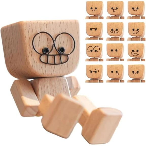 Shaking Wooden Man Figurine, Charming Little Wooden Figure That Sways, Handmade Shaking Feet Woodens Man with 12PCS Magnetic Expressions, Funny Wood Desktop, Car Dashboard Decor Gifts