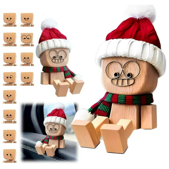 Shaking Wooden Man Figurine Christmas Series, Handmade Shaking Feet Wooden Doll Wearing Santa Hat with Magnetic Expressions, Creative Gifts Commutes Car Dashboard Decorations