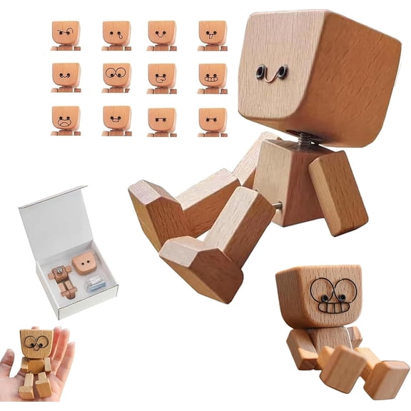 Shaking Wooden Man Figurine, Handmade Shaking Feet Wooden Car Dashboard Decorations with 12 PCS Magnetic Expressions, Creative Wood Desktop Decor,Wood Figure for Car,Office,1