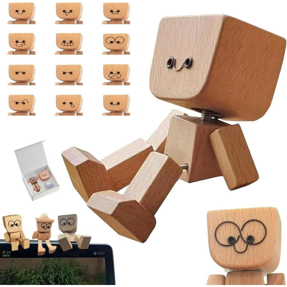 Shaking Wooden Man Figurine - Little Wooden Figure That Sways with 12Pcs Expressions,Shaking Feet Wood Figurines, Shake Your Feet Happily Wood Figures, Funny Cars Ornaments Desktop Decor Gifts