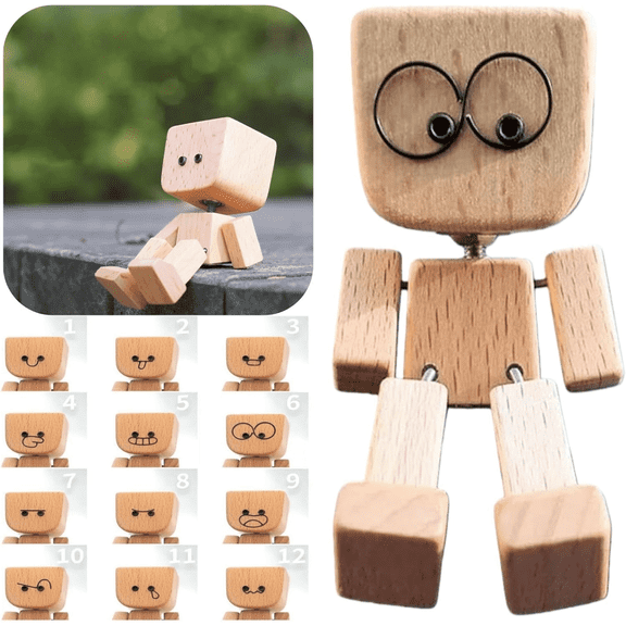Shaking Wooden Man Figurine, Portable Handmade Shak Wood Figurine for Car Dashboard, Charming Little Wooden Figure That Sways with 12Pcs Magnetic Expressions (Wood Color, 1 Set)