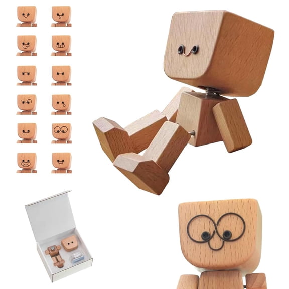 Wooden Man Figurine Wooden Feet with 12pcs Expressions Funny Dashboard Figurine Handmade Wobble Doll for Car Accessories & Desk Decoration