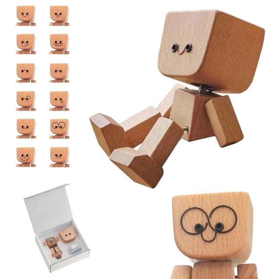 Wooden Man Figurine Wooden Feet with 12pcs Expressions Funny Dashboard Figurine Handmade Wobble Doll for Car Accessories & Desk Decoration