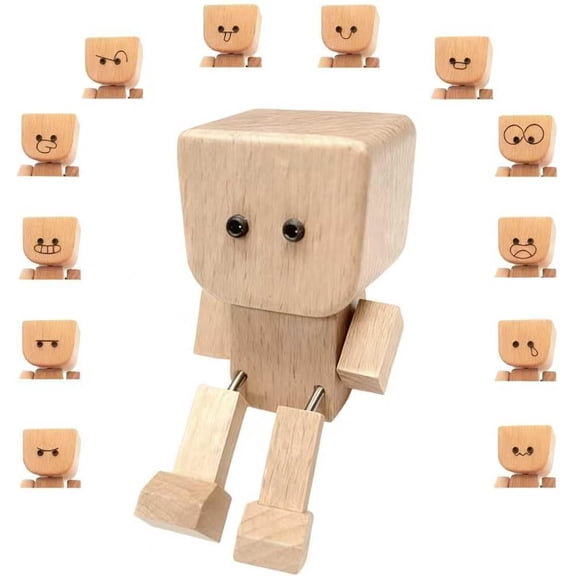 Shaking Wooden Man Figurine with 12 Magnetic Expressions Creative Rocking Doll Car Dashboard Ornament, Funny Wooden Desk & Home Shelf Decor