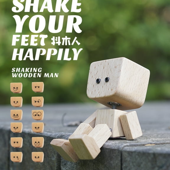 Shaking Wooden Man, Handmade Shaking Feet Wooden Car Dashboard Decorations with 12 Pcs Magnetic Expressions, Creative Wood Desktop Decor for Travel, New Creative Gifts for Men