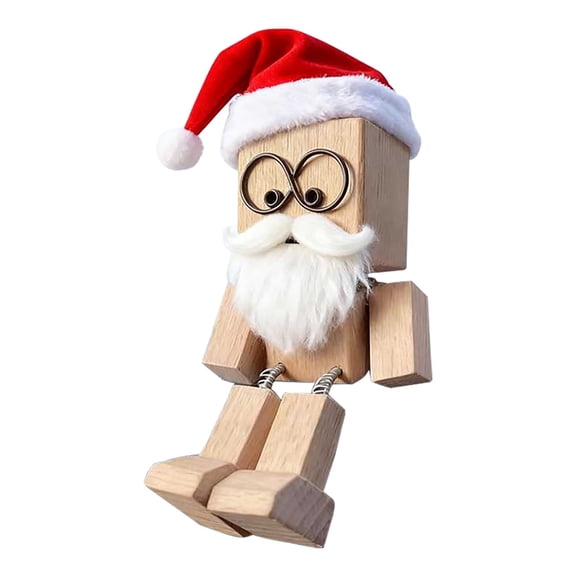 Shaking Wooden Man, Little Wooden Man with Spring Legs, with 1 Expressions Hats and Beards, Handmade Figurine for Car, Office, Home Santa Claus Decora