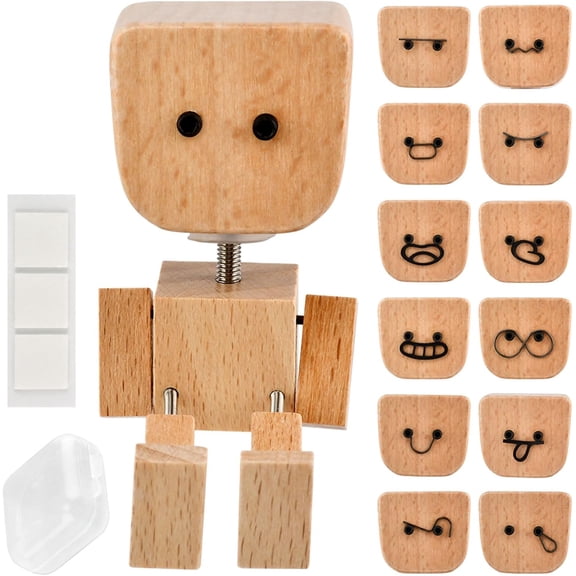 Shaking Wooden Man, Shaking Wooden Man Figurine with 12PCS Magnetic Expressions, Handmade Shak Feet Woodens Doll Gifts for for Car Accessories and Desk Decoration