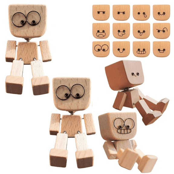 Shaking Wooden Man,Shaking Wooden Man Figurine for Car Dashboard,Handmade Shak Feet Woodens Doll,Funny Cars Ornaments Wood Desktop Decor,Car Dashboard Accessories with 12PCS Magnetic Expressions-2Set