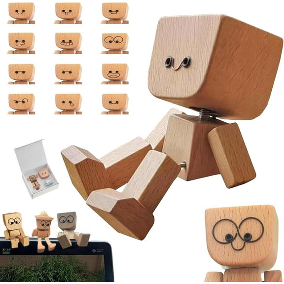 Shaking Wooden Man, Shaking Wooden Man Figurine for Car Dashboard, Handmade Shak Feet Woodens Doll, Funny Cars Ornaments Wood Desktop Decor, Car Dashboard Accessories with 12PCS Magnetic Expressions