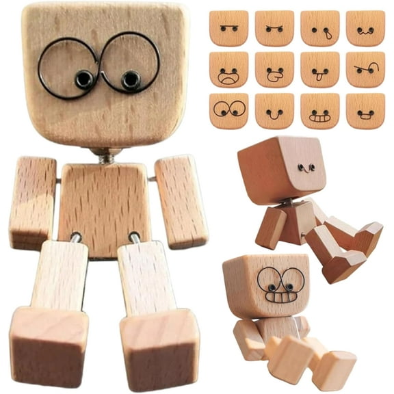 Shaking Wooden Man, Shaking Wooden Man Figurine for Car Dashboard, Handmade Shak Feet Woodens Doll, Funny Cars Ornaments Wood Desktop Decor, Car Dashboard Accessories with 12PCS Magnetic Expressions