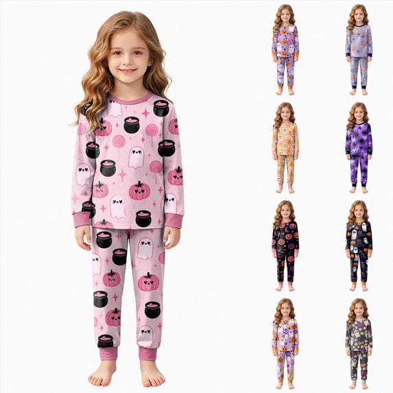 Shakumy Girls Boys Halloween Pajamas 2 Piece Graphic Long Sleeve Long Pants Pajama Set Kids Cute Pj Soft Holiday Sleepwear