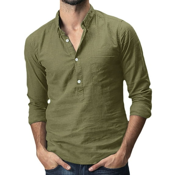 Shakumy Light Button down Shirt Men Linen Tops Collar Cotton T-Shirts Solid Men's Pocket Baggy Sleeve Slim Fit Mens Army Green Medium