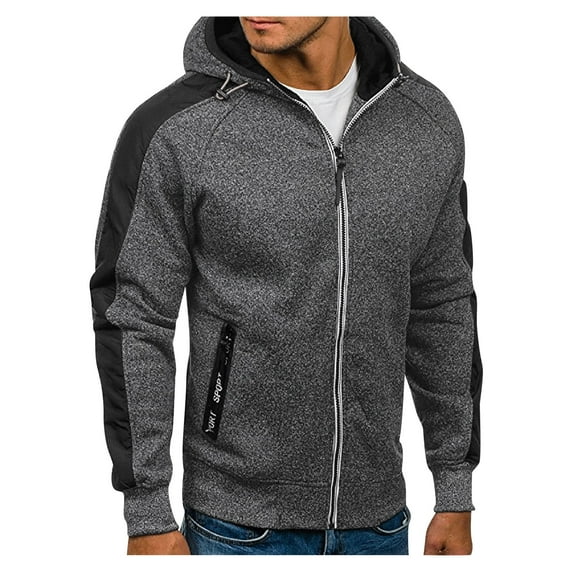 Shakumy Mens Zipper Hoodie Sleeve Patchwork Hooded Long Casual Slim Autumn Top Men's Hooded Zip up Sweatshirt Men Black Large