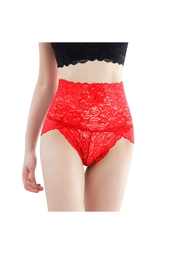 Nylon Granny Panties Women Sexy Shapewear Lace High Waisted Underwear Embroidered Mesh Sheer Eatable Panties Underpants Red Medium