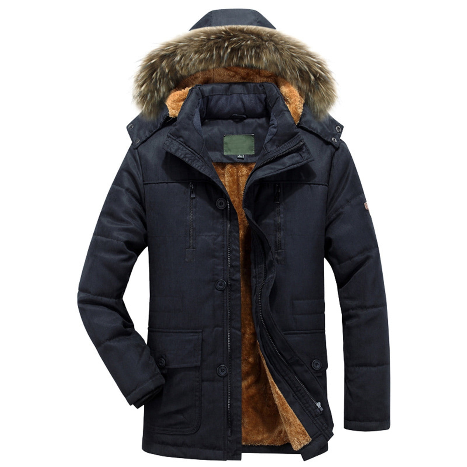 Shakumy Olive plus Size Plush Men s Autumn Winter Long Hooded Collar Solid Color Sleeved Jacket Warmest Winter Coat Black 4X Large