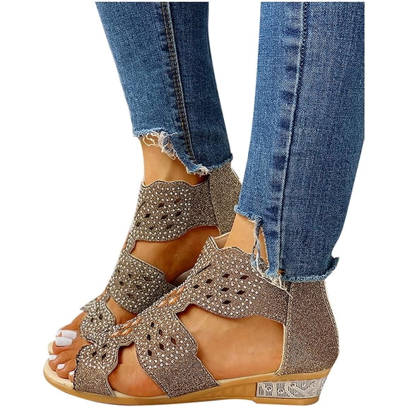 Shakumy Sandals for Women Casual Summer,Women's Rhinestones Cutout Zip Up Sandals Open Toe Flat Gladiator Slides Sandals