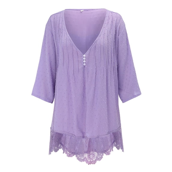 Shakumy Shirts for Women Tall Women Vintage Three Quarter Lace V Neck Plus Size Top T Shirt Women's Plain T Shirt Shirt Pink 4X-Large