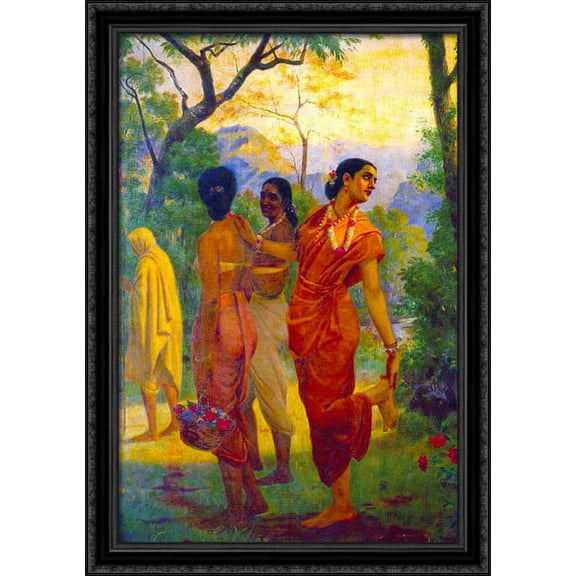 Shakuntala looking back to glimpse Dushyanta 28x40 Large Black Ornate Wood Framed Canvas Art by Raja Ravi Varma