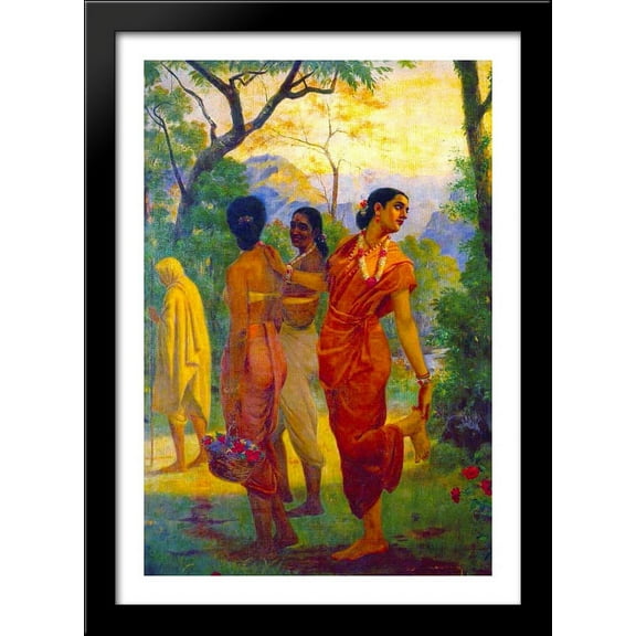 Shakuntala looking back to glimpse Dushyanta 28x40 Large Black Wood Framed Print Art by Raja Ravi Varma