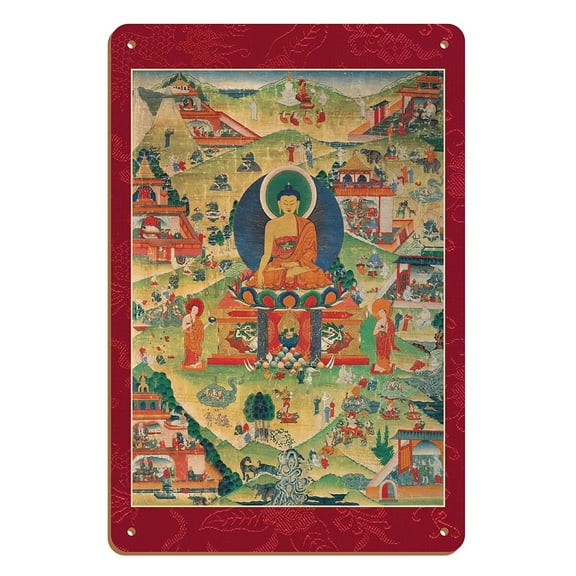 Shakyamuni Buddha - The Story of King Punyabala's Practice of Giving - Vintage Tibetan Thangka Buddhist Painting - Tibet, 13th Century - 8 x 12 inch Vintage Wood Art Sign