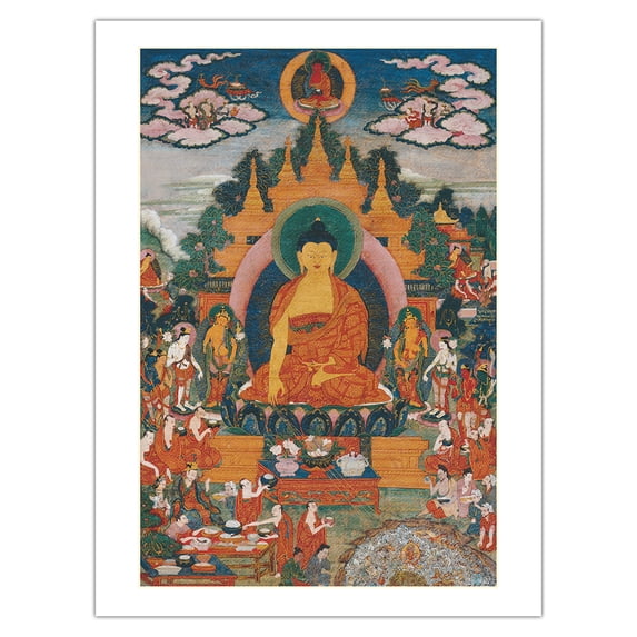 Shakyamuni Buddha's Miracles - Vintage Tibetan Thangka Buddhist Painting - Tibet, 18th Century - Bamboo Fine Art 290gsm Paper Print (Unframed) 24x32in