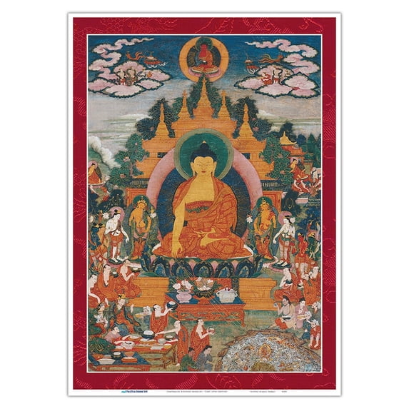 Shakyamuni Buddha's Miracles - Vintage Tibetan Thangka Buddhist Painting - Tibet, 18th Century - Master Art Print 10in x 14in