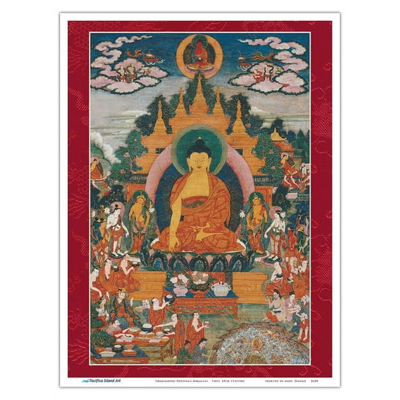 Shakyamuni Buddha's Miracles - Vintage Tibetan Thangka Buddhist Painting - Tibet, 18th Century - Master Art Print (Unframed) 9in x 12in