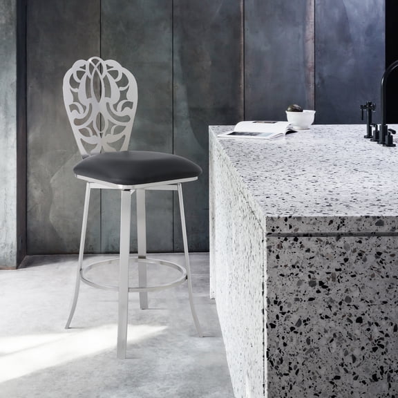 Shale Contemporary 30" Bar Height Barstool in Brushed Stainless Steel Finish and Black Faux Leather