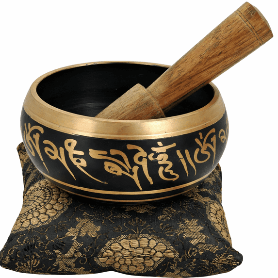 ShalinIndia Tibetan Singing Bowl Set for Meditation - Buddhist Musical Instrument Singing Bowls with Mallet & Cushion - Black