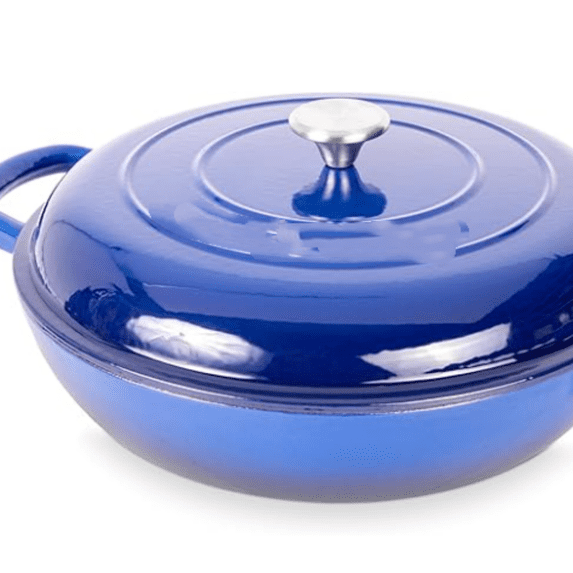 Shallow Cast Iron Casserole with Lid – Non Stick Dutch Oven Pot, Oven Safe up to 500° F – Sturdy Ovenproof Stockpot Cookware – Enamelled Cooking Pot – Dark Blue, 5-Quart, 32cm