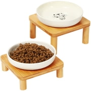 Shallow Elevated Cat Bowls with Bamboo Stand, 5.9 Inch Wide Ceramic Cat Dish Whisker Friendly, 2 Pack Pet Food and Water Plates