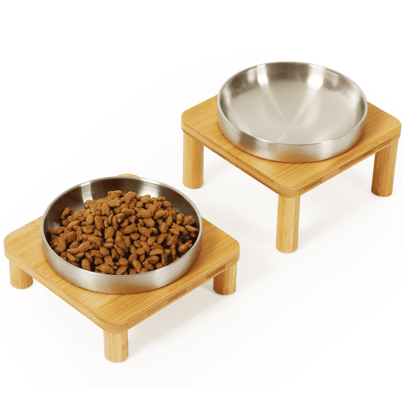 Shallow Elevated Cat Bowls with Bamboo Stand , 6.1inch Wide Stainless Steel Dish Whisker Friendly, 2 Pack Pet Food and Water Plates