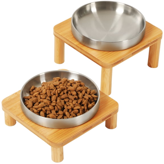 Shallow Elevated Cat Bowls with Bamboo Stand , 6.1inch Wide Stainless Steel Dish Whisker Friendly, 2 Pack Pet Food and Water Plates