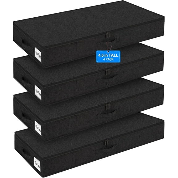 Shallow Under bed Storage Container Bags, Low Profile Underbed Zipper Storage Bins W/Sturdy Side & Bottom Support,Fabric Thin Storage Drawer For College Dorm,33.5 x 15.8 x 4.5inch Black,4 Pack