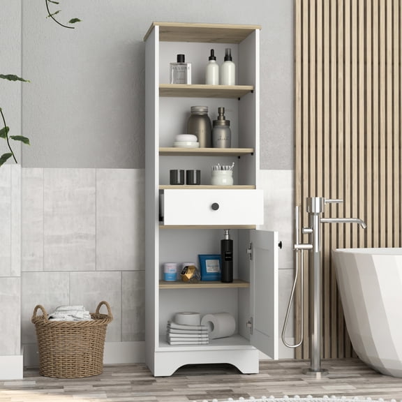 Shallow shelves and cabinet | Organizes small bathroom utensils well