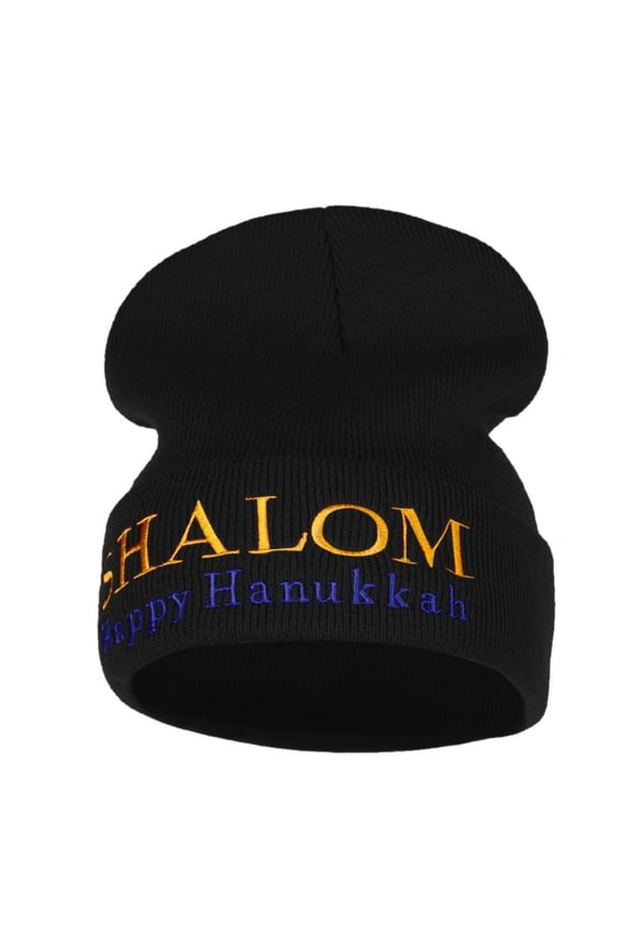 Shalom Happy Hanukkah Embroidered Long Knitted Beanie - Black OSFM