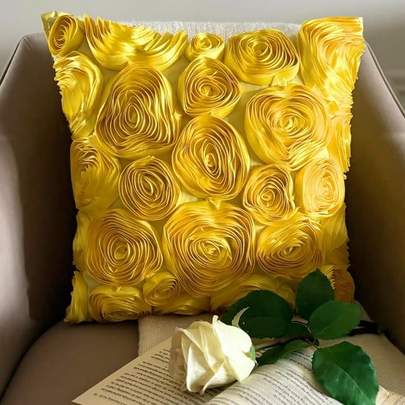 Sham Pillow Cover, Yellow Euro Size Pillow Covers 26x26 inch (65x65 cm), Silk European Pillow Shams, Nature & Floral, Sunflower, Ribbon Embroidery, Modern European Pillow - Sun Blooms