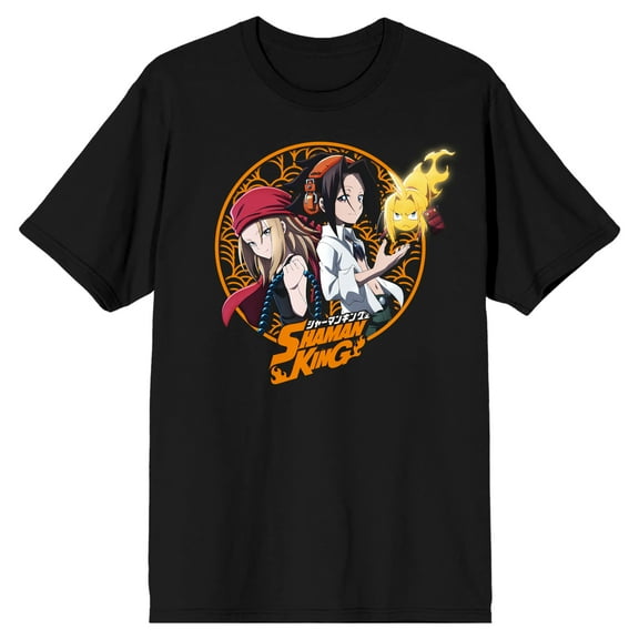 Shaman King Yoh Anna & Amidamaru Spirit Ball Crew Neck Short Sleeve Men's Black T-shirt-Large