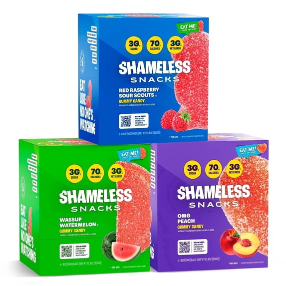 Shameless Snacks Fan Favorites Bundle - Sour Candy & Fruit Snacks, Watermelon Candy & Gummy Candy Variety Pack, Raspberry Peach, Keto Snacks 3g Sugar Gluten Free Vegan