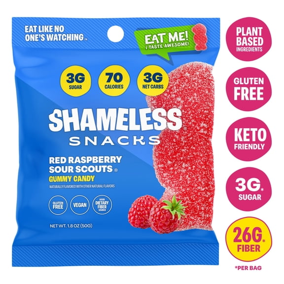 Shameless Snacks Red Raspberry Sour Gummy Candy, Low Calorie Keto Friendly High Fiber Low Sugar Healthy Candy, Gluten Free, 1.8 oz Bag